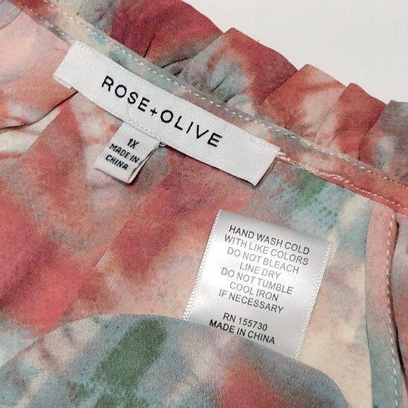 Rose & Olive Womens Flutter Short Sleeve Top Size 1X Tassel Neck Tie Dye Pastel - Picture 9 of 9
